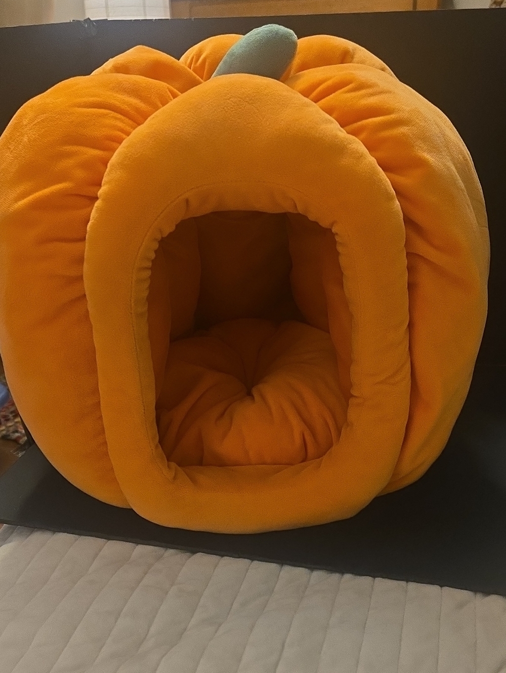 Plush Orange Pumpkin-Shaped Cat Bed With Removable Pillow.